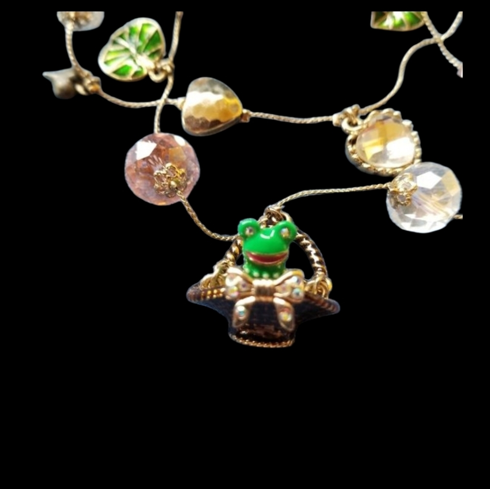 🐢🐸Betsey "A Walk In The Park" Frog Basket Turtle Green Necklace 3-Strand GPC
